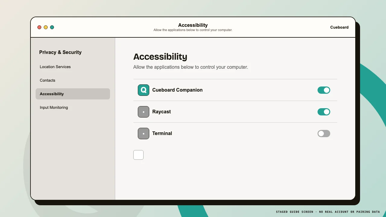 macOS Accessibility settings with Cueboard Companion enabled