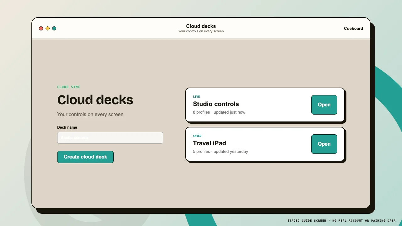 Cueboard cloud sync panel with saved decks