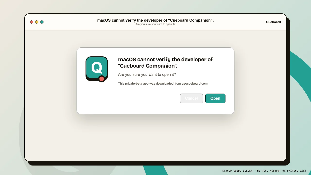 macOS confirmation for opening Cueboard Companion