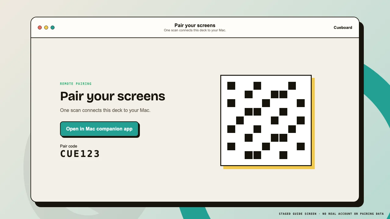 Cueboard console pairing panel with QR code and companion link