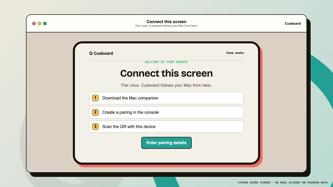 Cueboard tablet onboarding and pairing screen